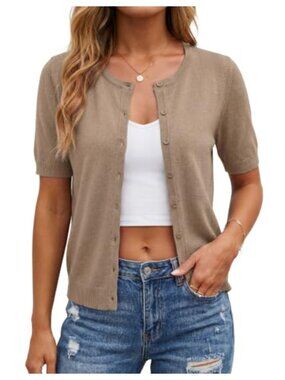 Wool Blend Short Sleeve Cardigan Crew Neck Button Sweater